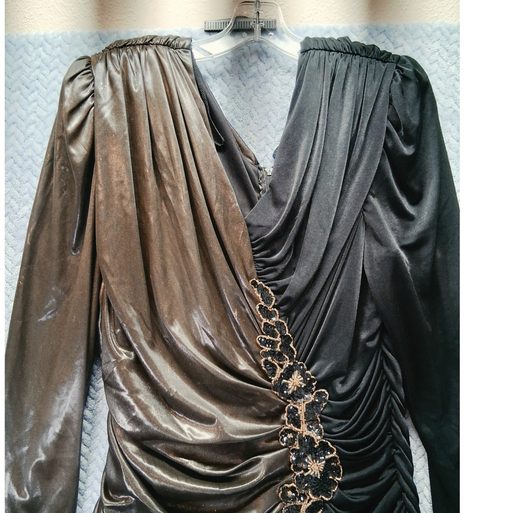 Vintage Filigree Two Tone Ruched Sequin Cocktail Dress Bronze Black Size 18